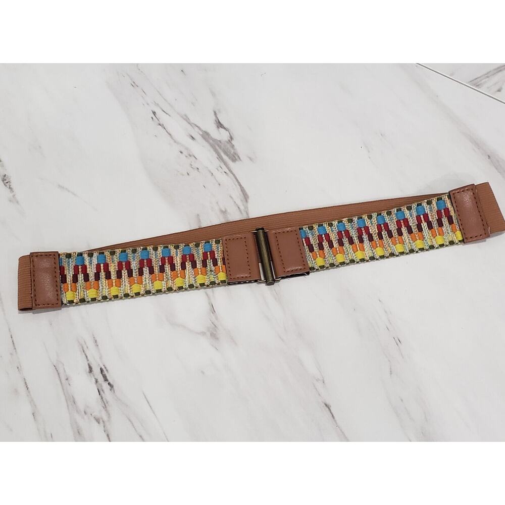 Rainbow Embroidered Vintage Leather Stretch Brown Belt
